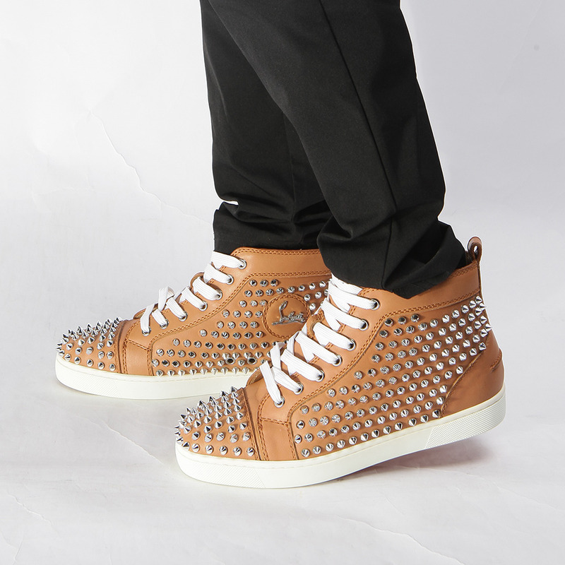 Ch**an louboutin released limited version l**is spike men flat high top noisette sneaker glossy red sole