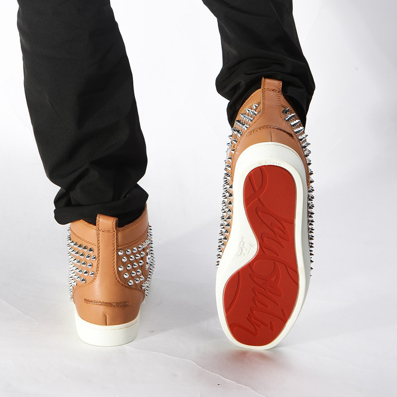 Ch**an louboutin released limited version l**is spike men flat high top noisette sneaker glossy red sole