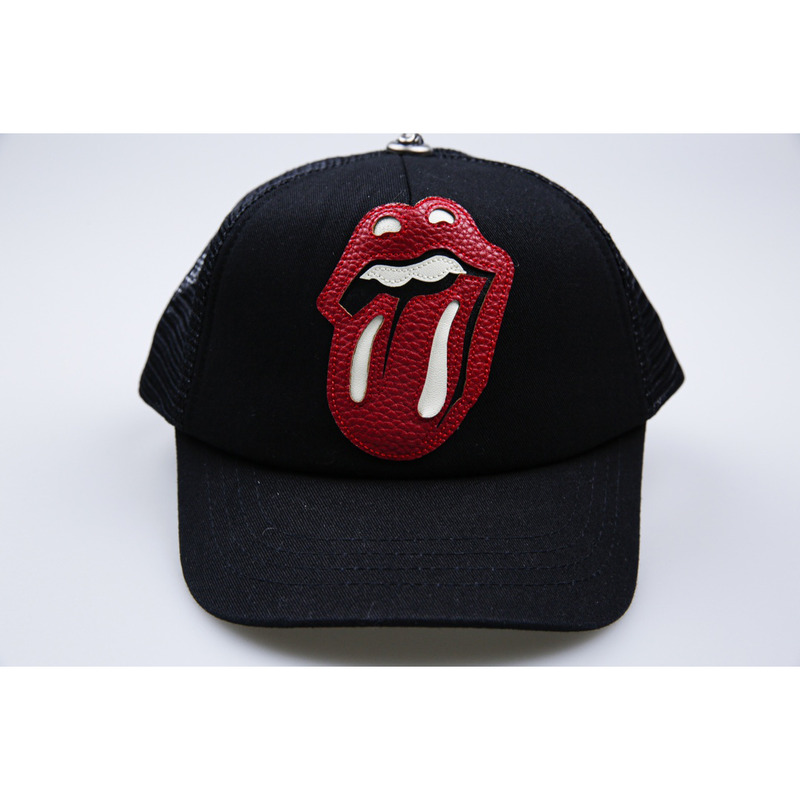 Chrome Heart Red Leather Lips and Tongue Black Mesh Cap