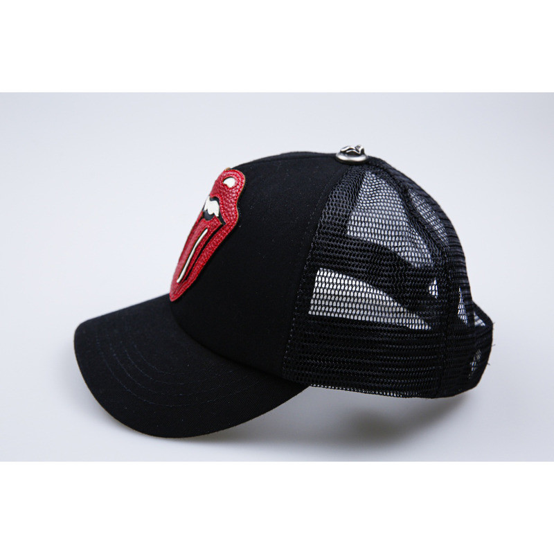 Chrome Heart Red Leather Lips and Tongue Black Mesh Cap