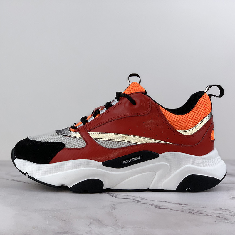 D*or "b22" sneaker in orange technical knit, red and black calfskin