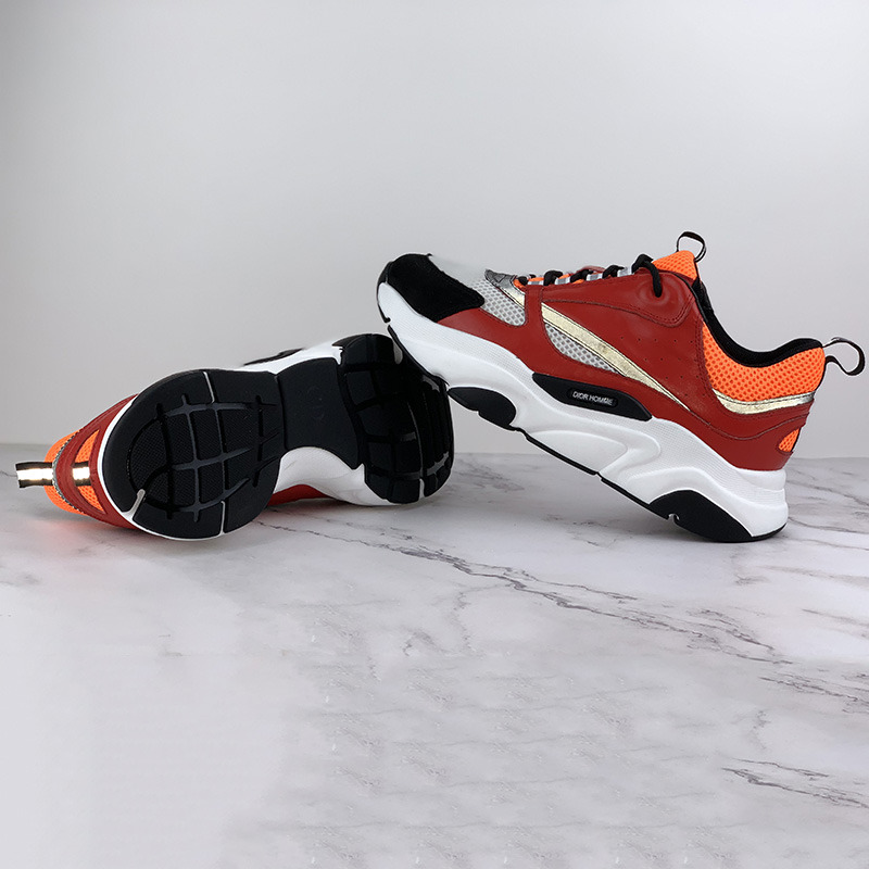 D*or "b22" sneaker in orange technical knit, red and black calfskin