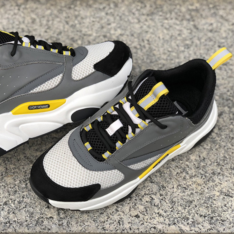 D*or "b22"  trainer in grey technical knit&white&yellow-tone calfskin