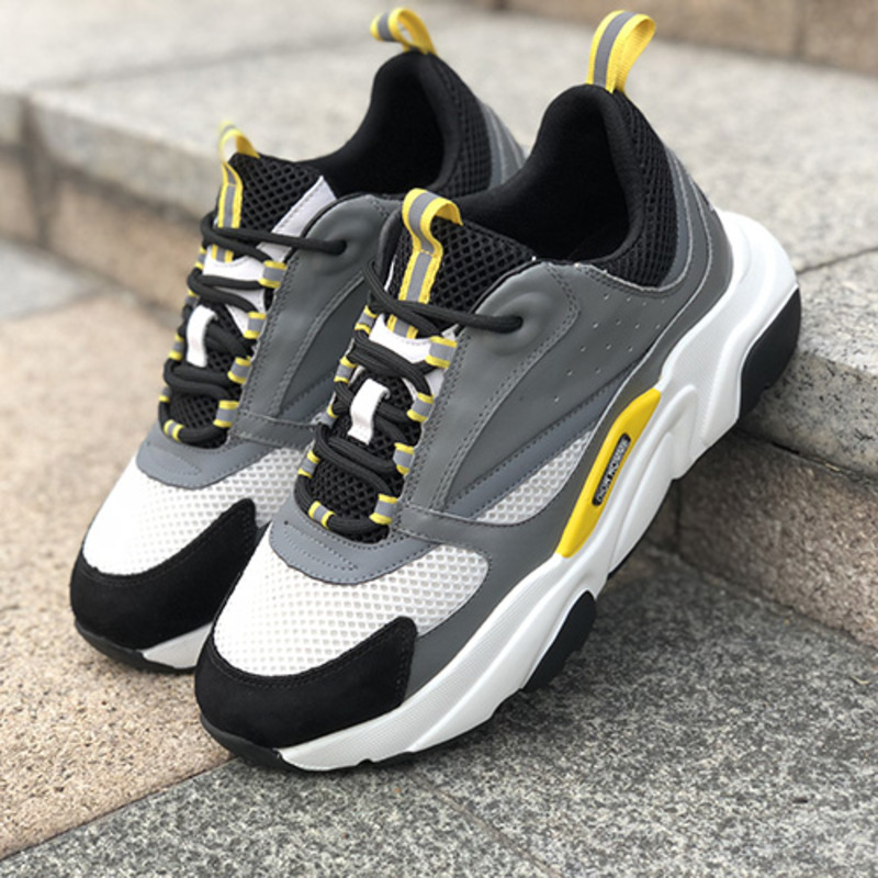 D*or "b22"  trainer in grey technical knit&white&yellow-tone calfskin