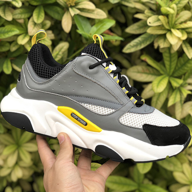 D*or "b22"  trainer in grey technical knit&white&yellow-tone calfskin