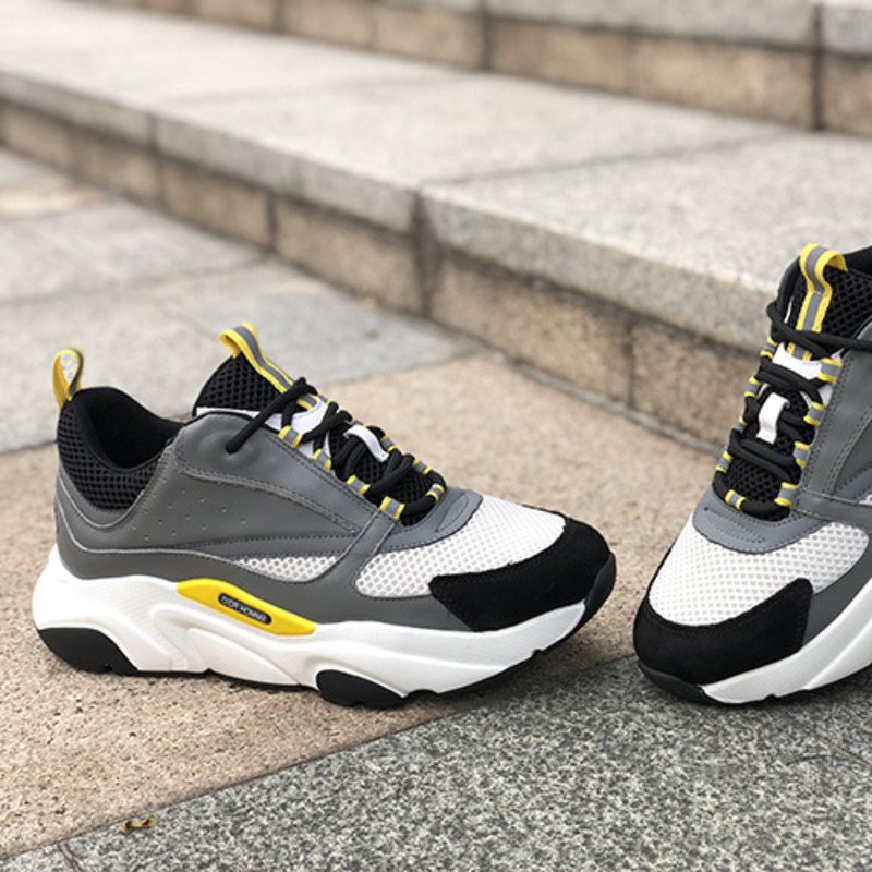 D*or "b22"  trainer in grey technical knit&white&yellow-tone calfskin