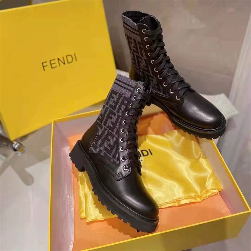 F**di black leather biker boots with ff motif sock leg