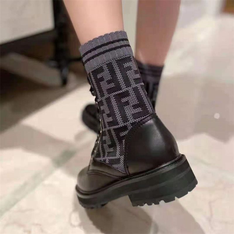 F**di black leather biker boots with ff motif sock leg