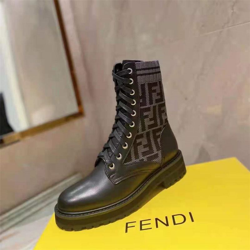 F**di black leather biker boots with ff motif sock leg