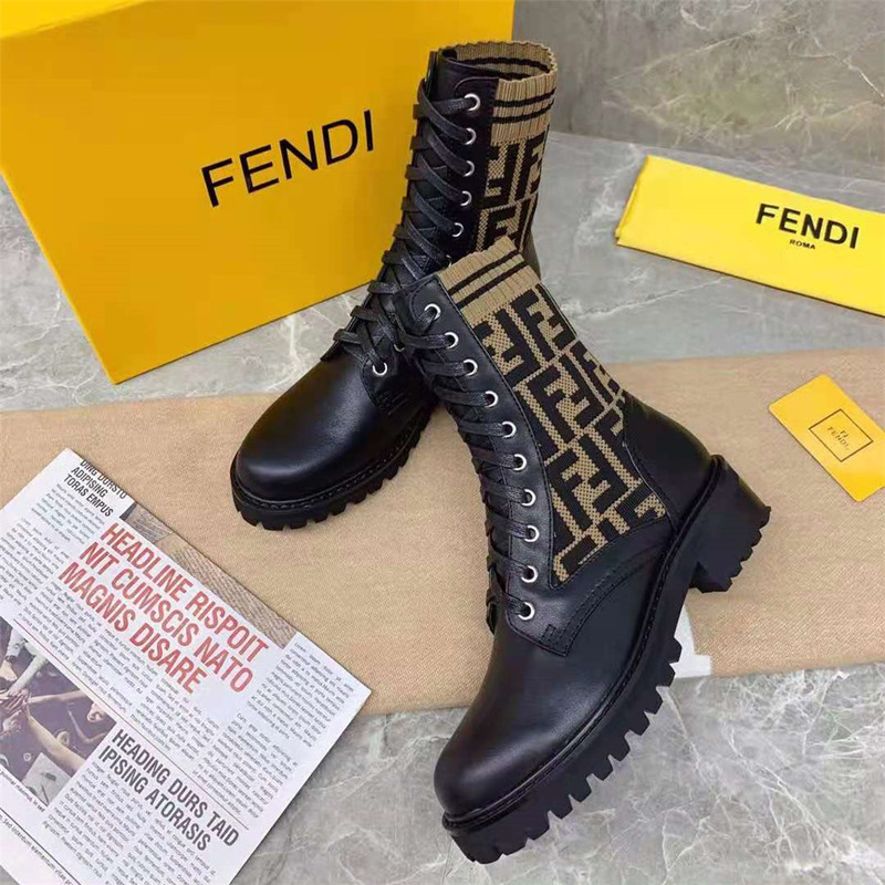 F**di black leather biker boots with ff motif sock leg