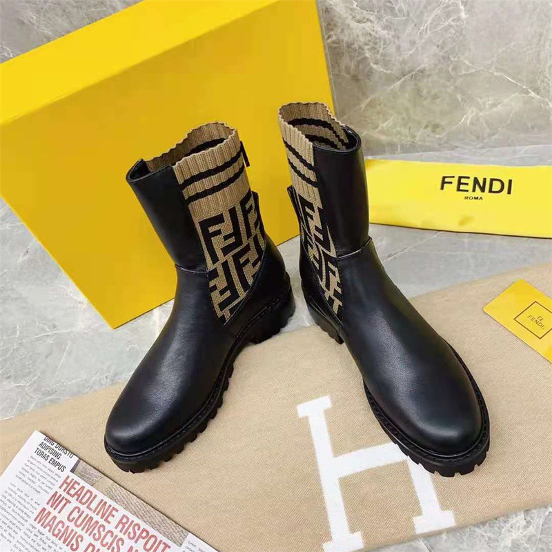 F**di black leather biker boots with ff motif sock leg