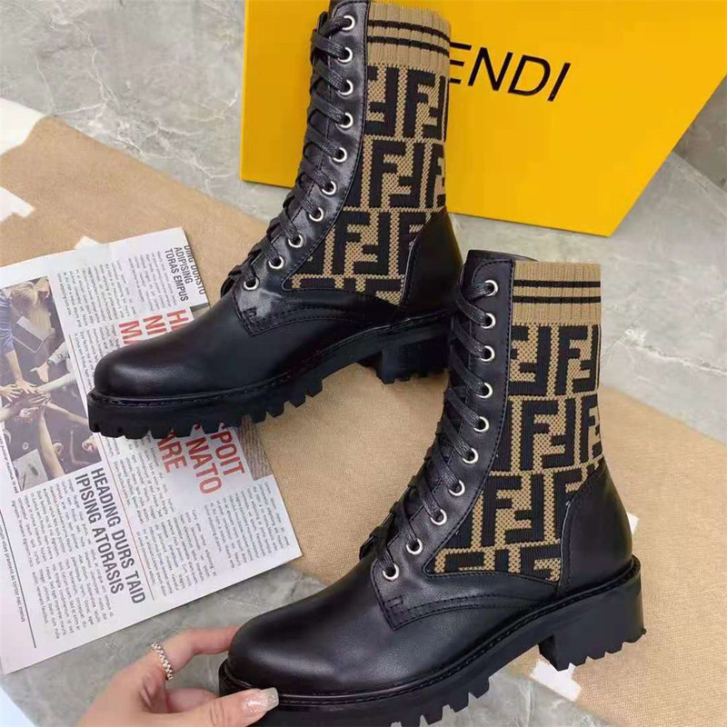 F**di black leather biker boots with ff motif sock leg