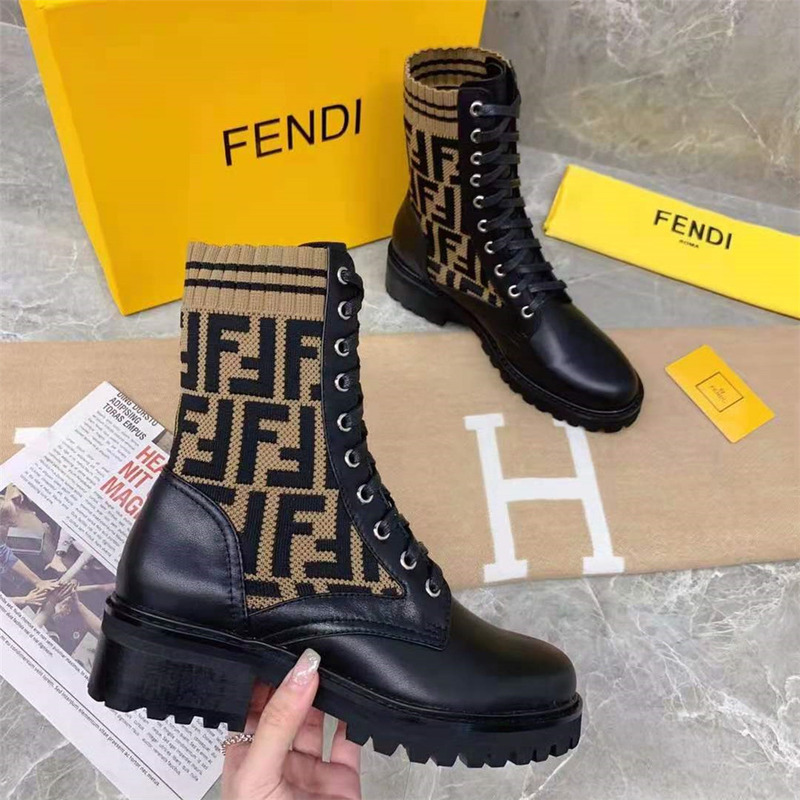 F**di black leather biker boots with ff motif sock leg