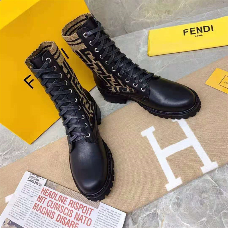 F**di black leather biker boots with ff motif sock leg