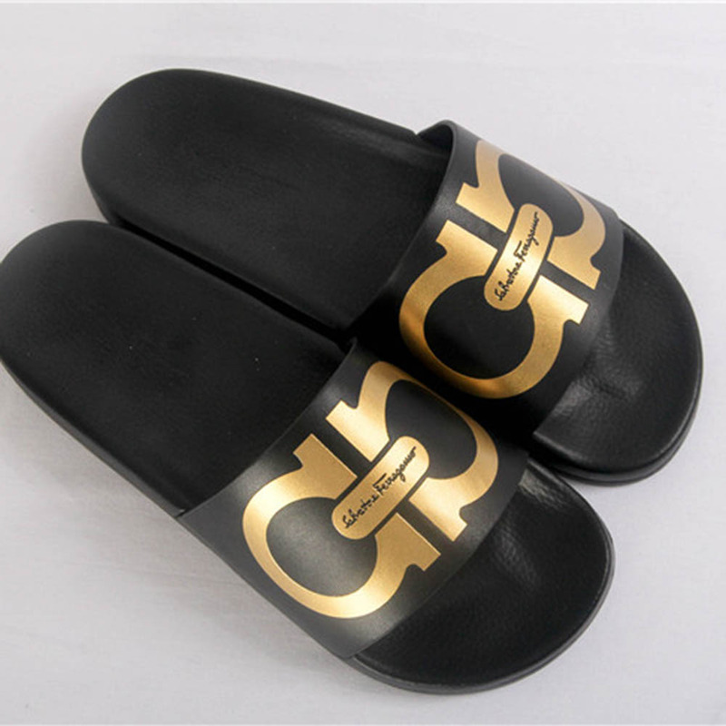 Ferragamo Double Gancio Black Gold Flip Flop