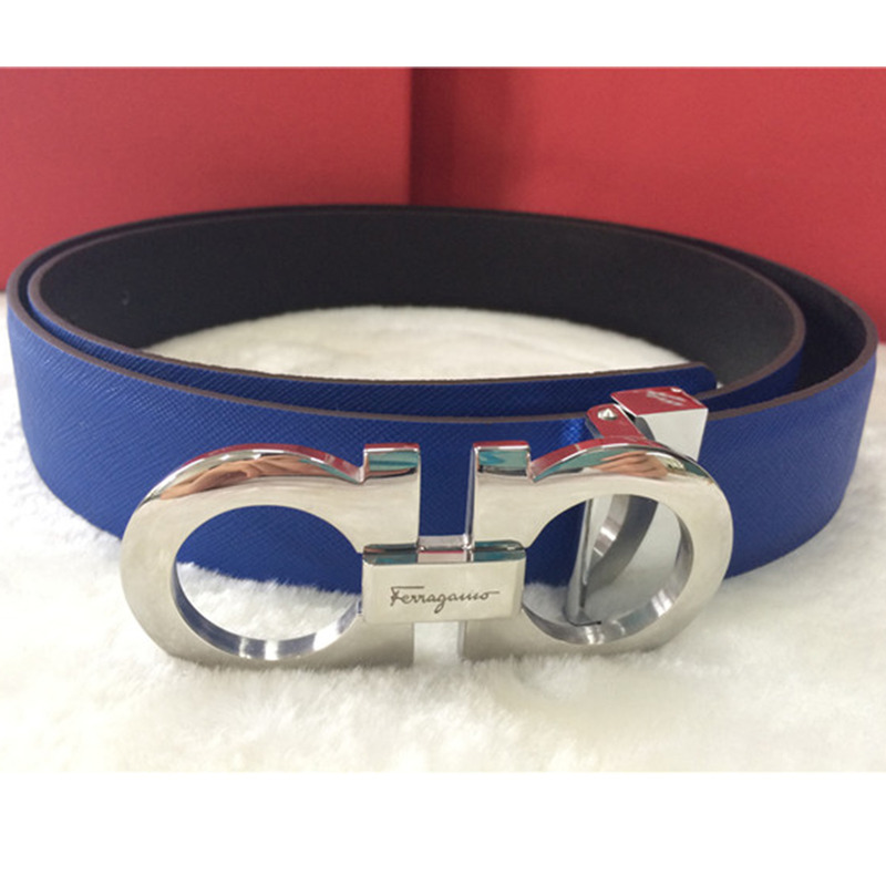 Ferragamo Salvatore Reversible and Adjustable Belt Navy Blue Silver Buckle