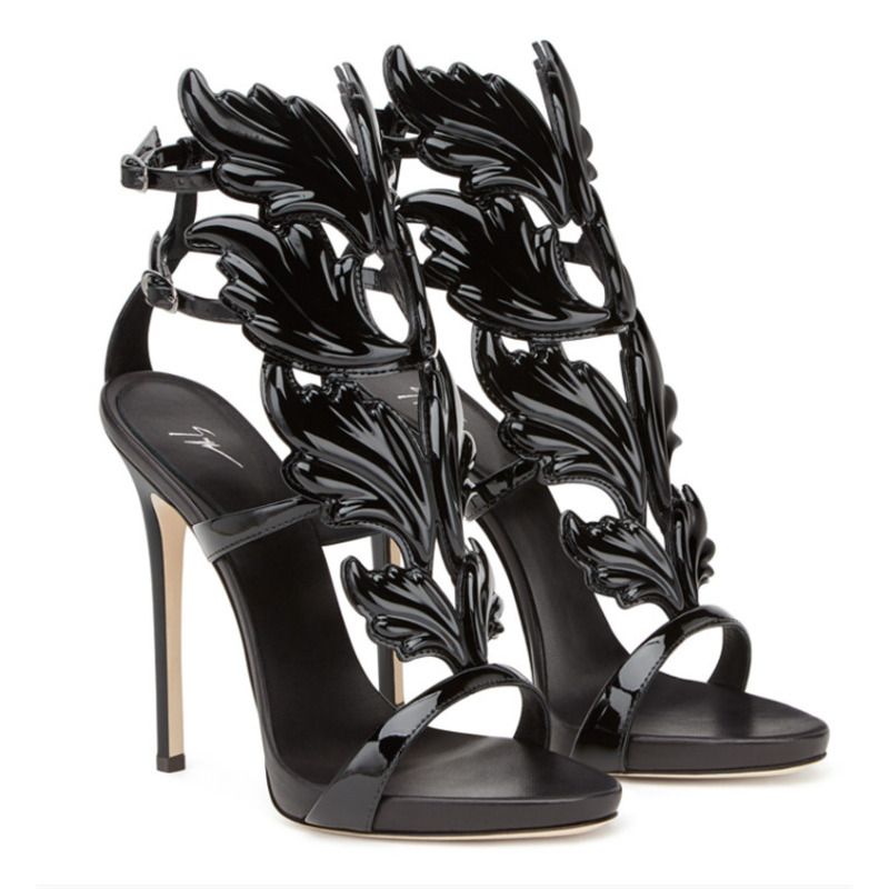 Giuseppe Zanotti Mirrored Black Calfskin Sandal with Cruel Accessory