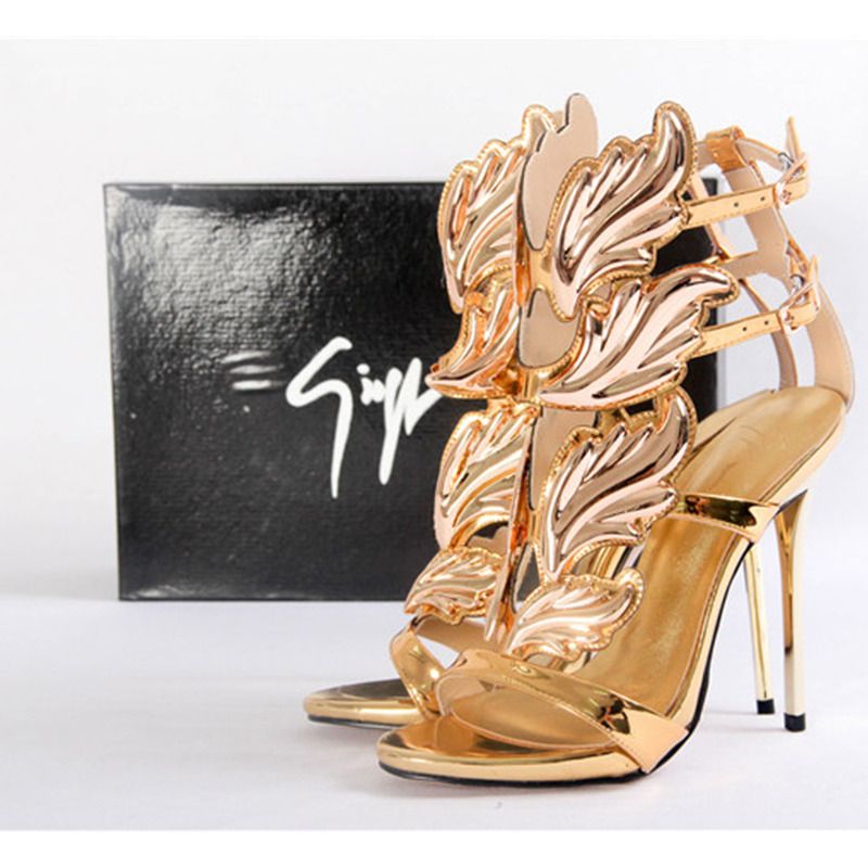 Giuseppe Zanotti Mirrored Gold Calfskin Sandal with Cruel Accessory