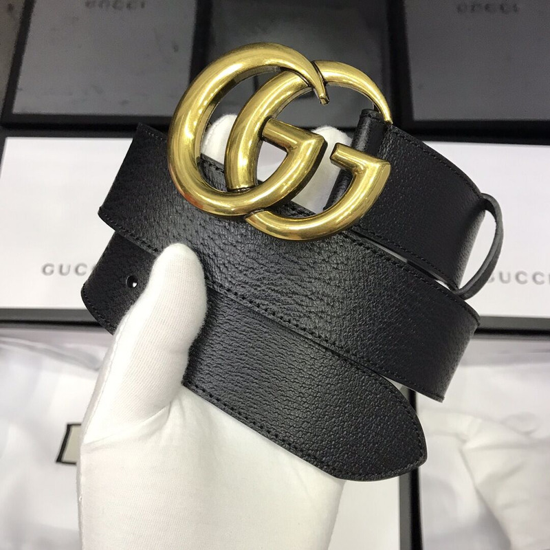 G*u*i leather black belt with double g golden buckle