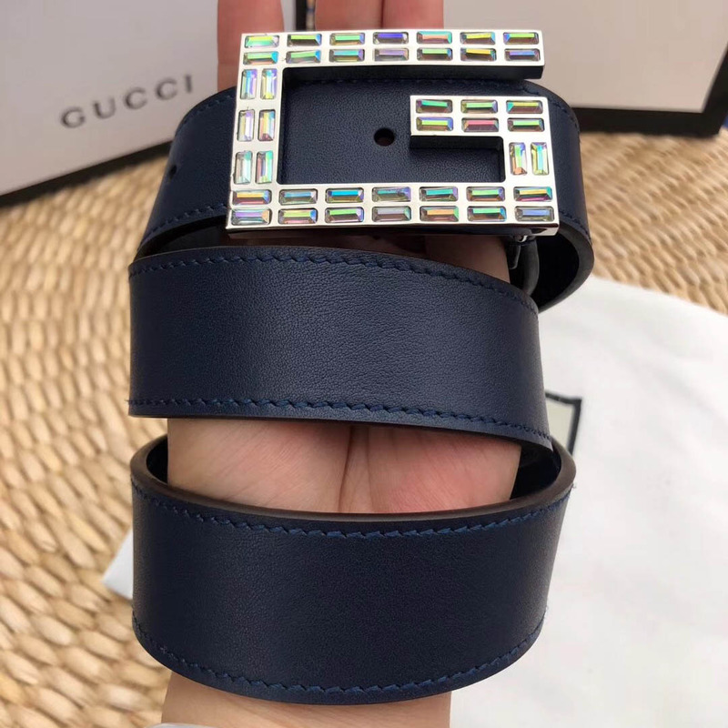 leather belt with square G*u*i buckle in blue