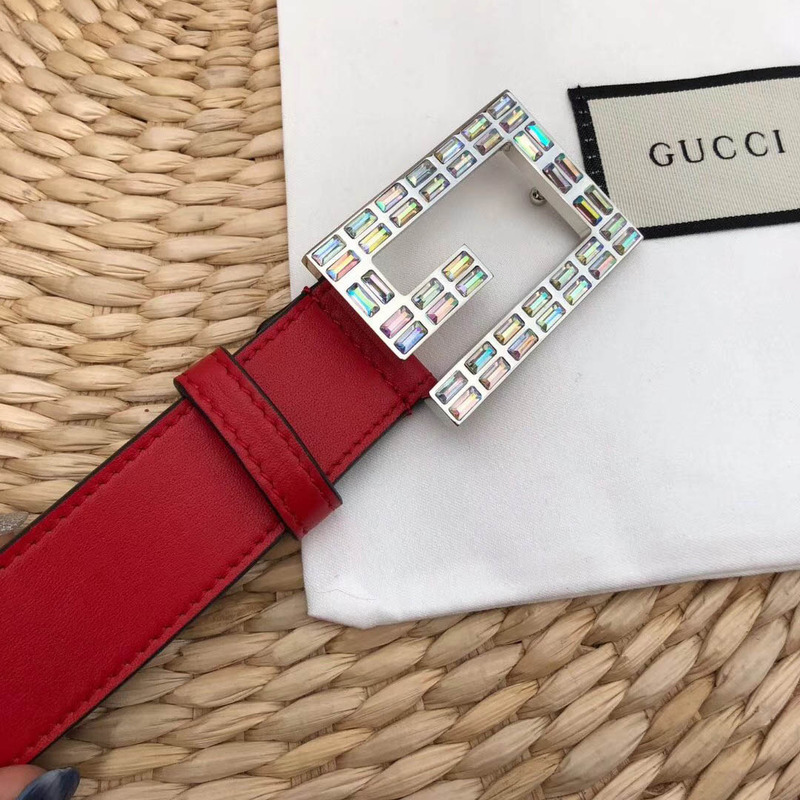 leather belt with square G*u*i buckle in red