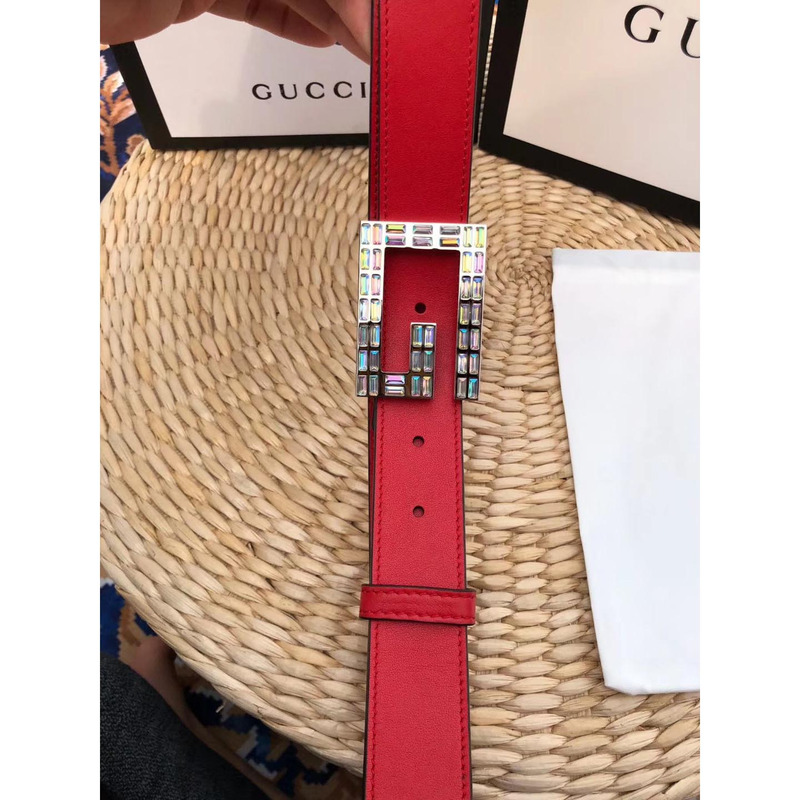 leather belt with square G*u*i buckle in red