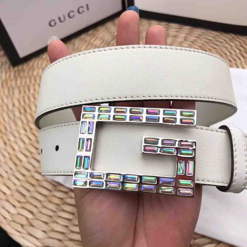 leather belt with square G*u*i buckle in white