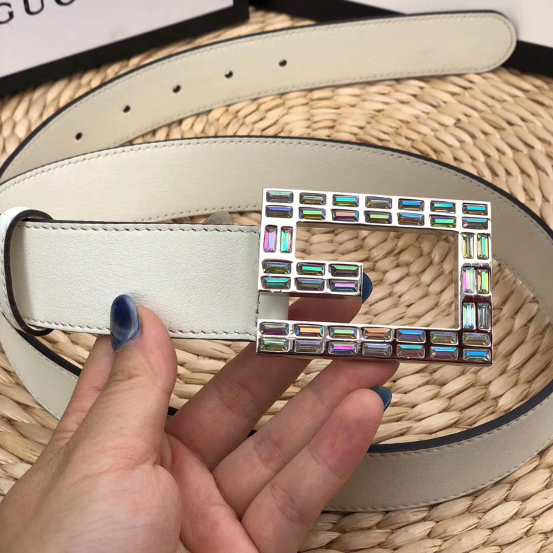 leather belt with square G*u*i buckle in white