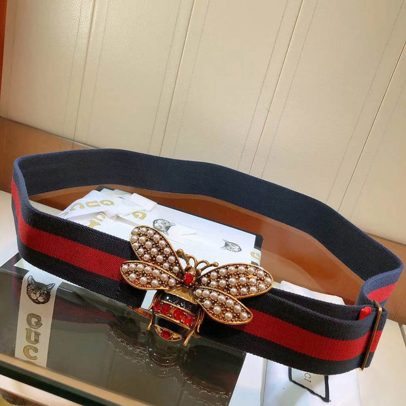 G*u*i red and blue web belt with bee(red pearl and crystal )