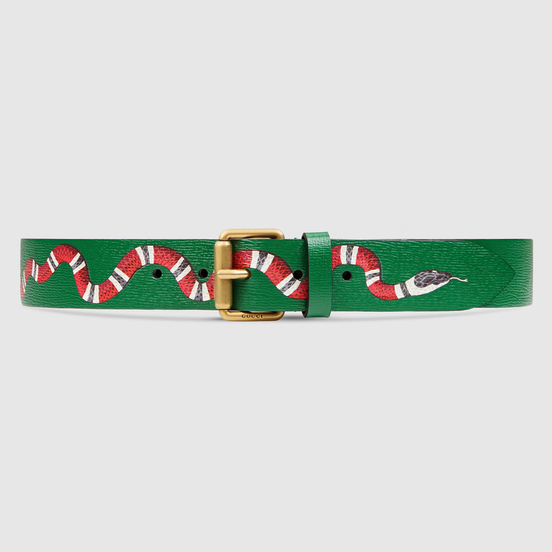 G*u*i snake-print leather green belts with gold buckle