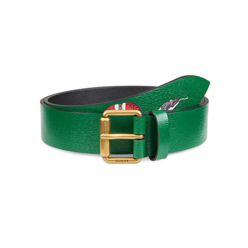 G*u*i snake-print leather green belts with gold buckle