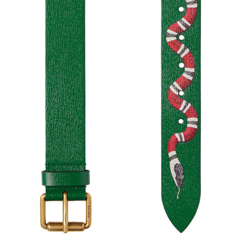 G*u*i snake-print leather green belts with gold buckle