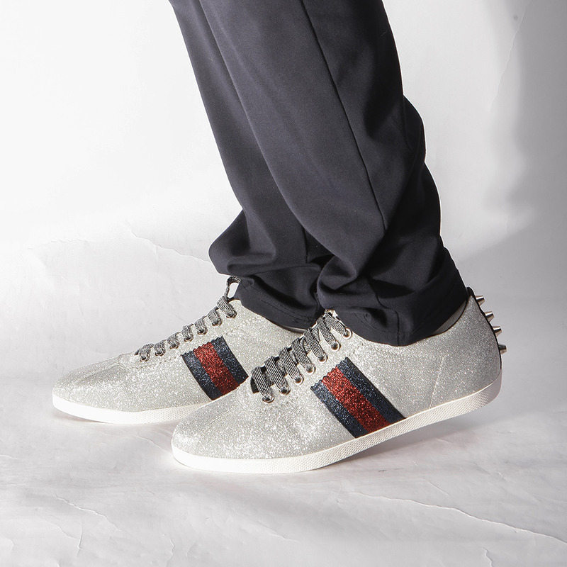 G*u*i low-top silver shiny sneakers