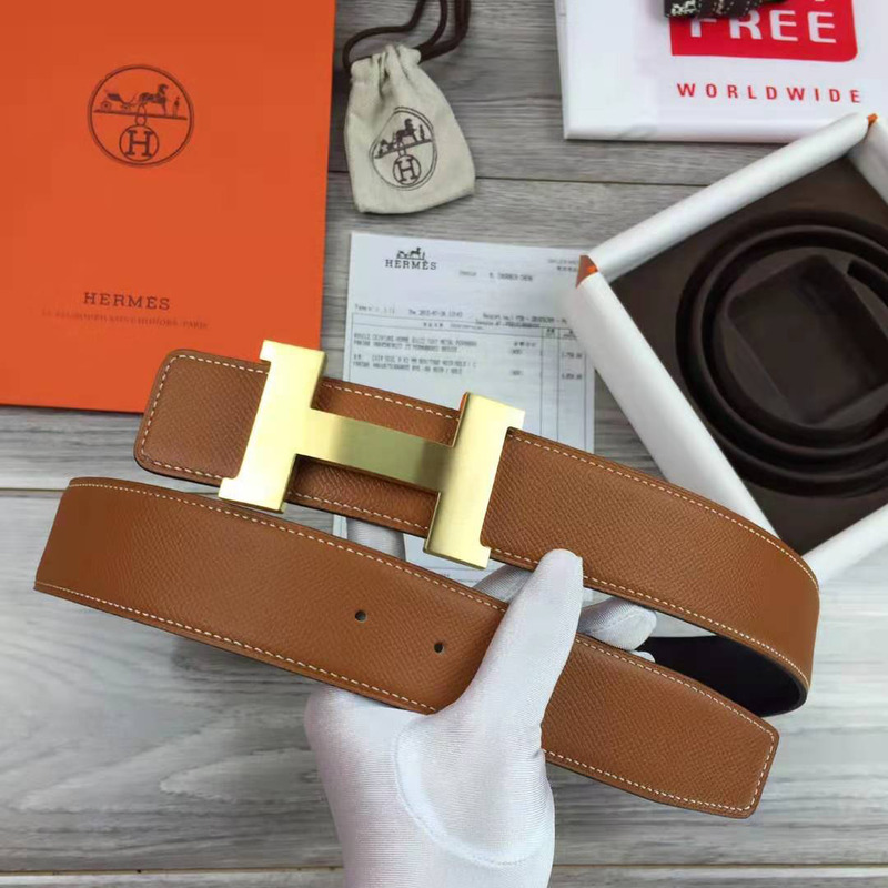 H**mes brown leather belt with gold buckle