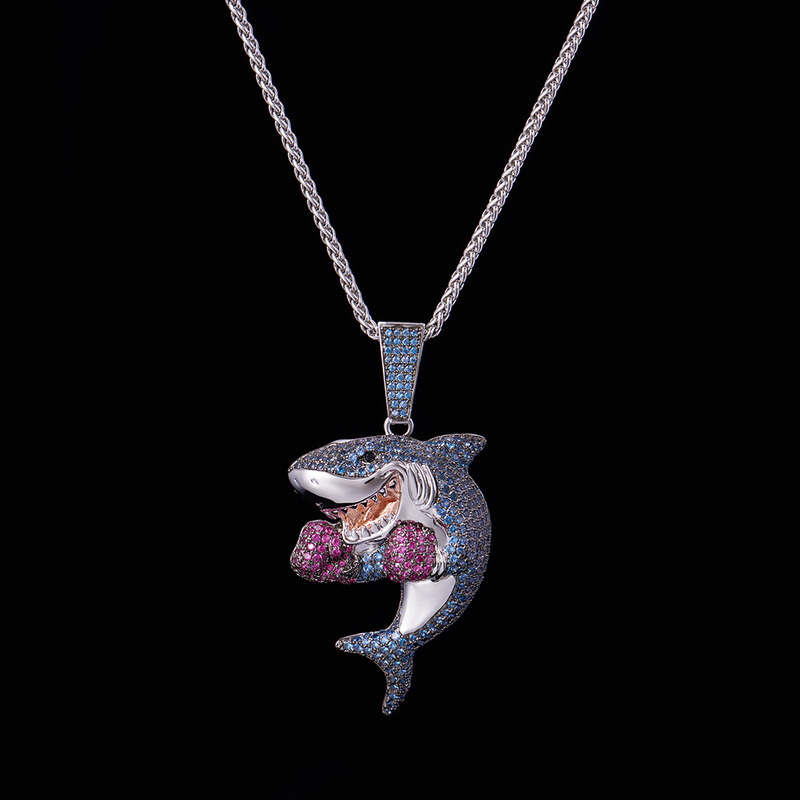 Hiphop FREE SHIPPING White Gold Iced Shark Boxing Necklace