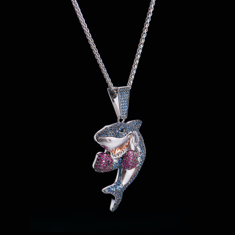 Hiphop FREE SHIPPING White Gold Iced Shark Boxing Necklace