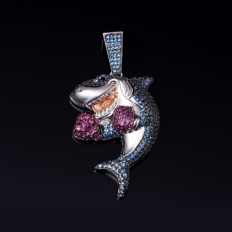 Hiphop FREE SHIPPING White Gold Iced Shark Boxing Necklace