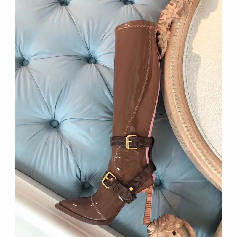 F**di harness buckle patent neoprene tall boots brown