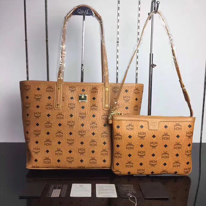 MCM Anya Top Zip Shopper in Cognac Visetos