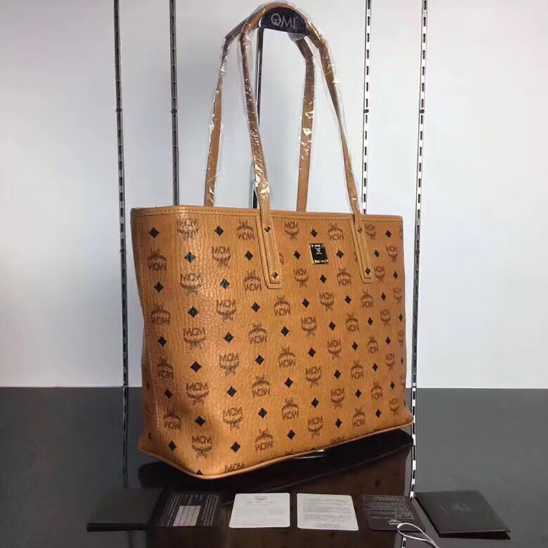 MCM Anya Top Zip Shopper in Cognac Visetos