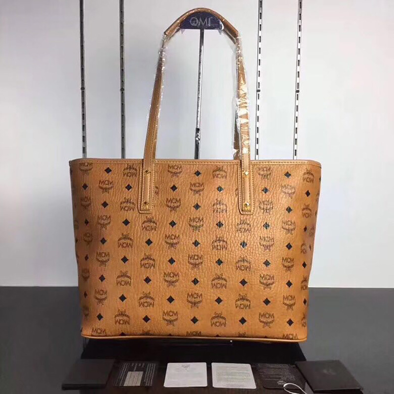 MCM Anya Top Zip Shopper in Cognac Visetos