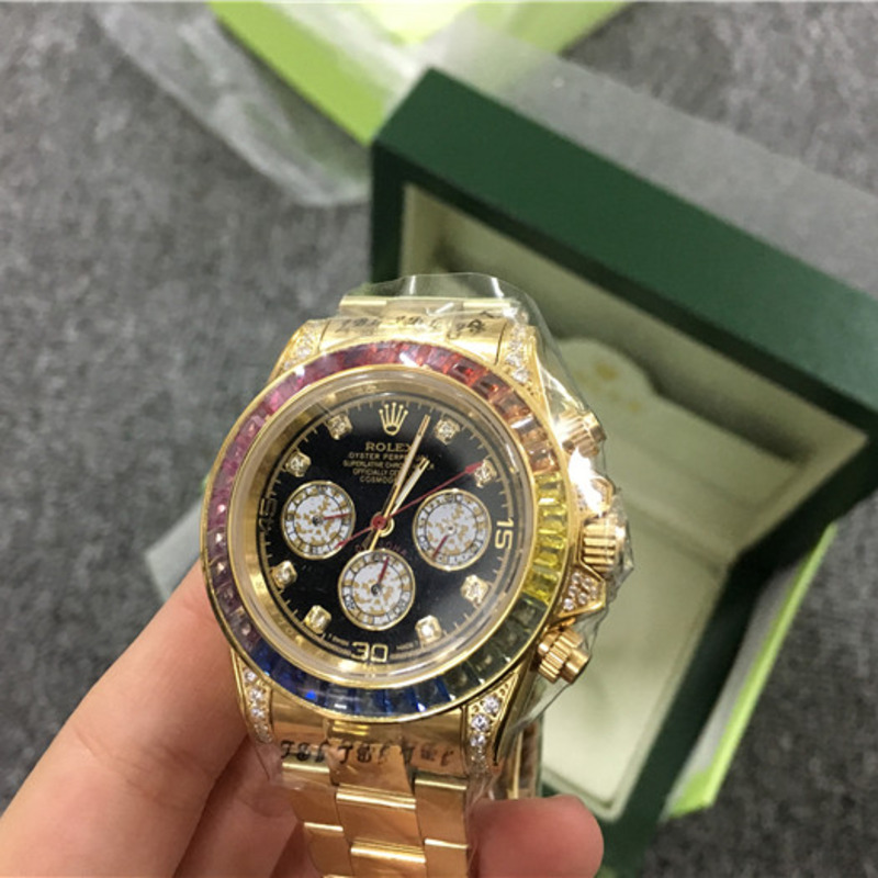 High Quality Rolex Daytona Yellow Gold Rainbow Custom Bezel Watch