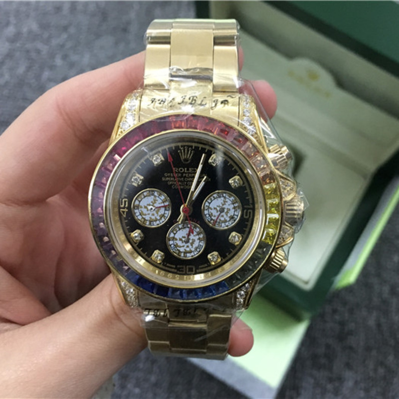 High Quality Rolex Daytona Yellow Gold Rainbow Custom Bezel Watch