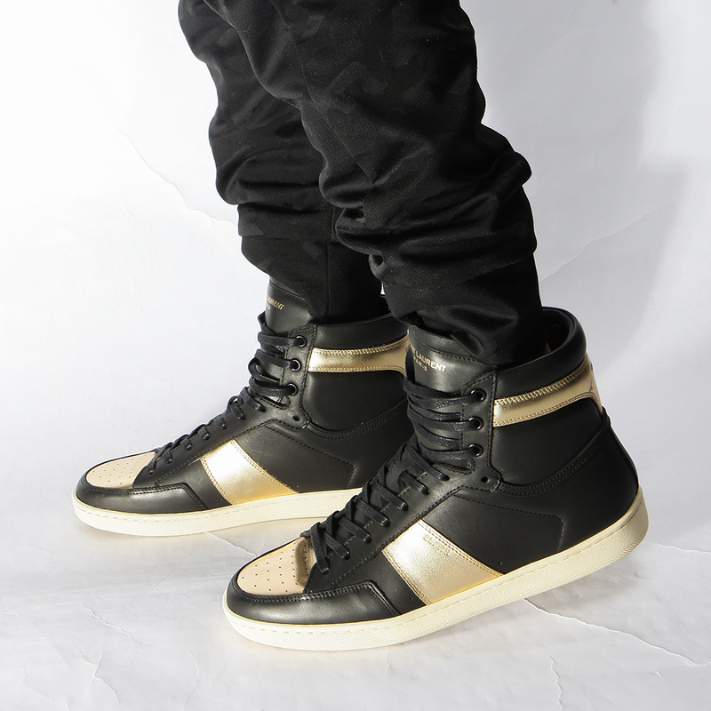 Saint Laurent YSL Signature Court Classic High Top In Black Leather And Gold Metallic Leather Men Sneaker