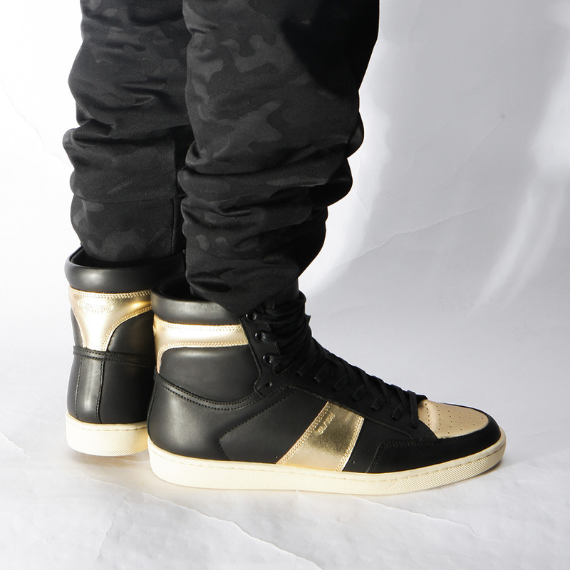 Saint Laurent YSL Signature Court Classic High Top In Black Leather And Gold Metallic Leather Men Sneaker