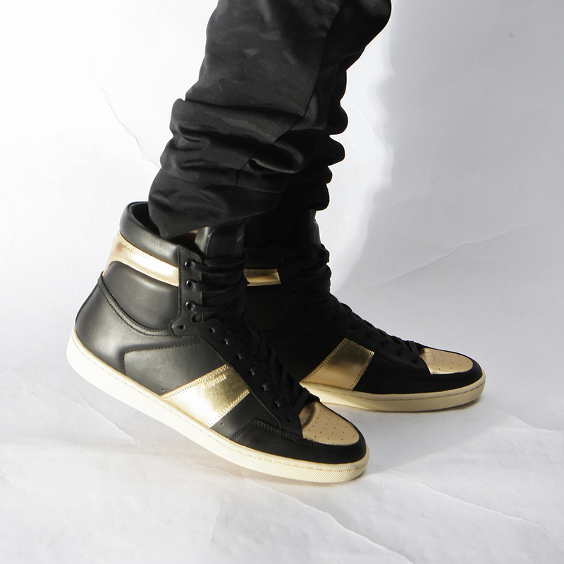 Saint Laurent YSL Signature Court Classic High Top In Black Leather And Gold Metallic Leather Men Sneaker