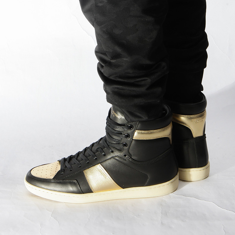 Saint Laurent YSL Signature Court Classic High Top In Black Leather And Gold Metallic Leather Men Sneaker