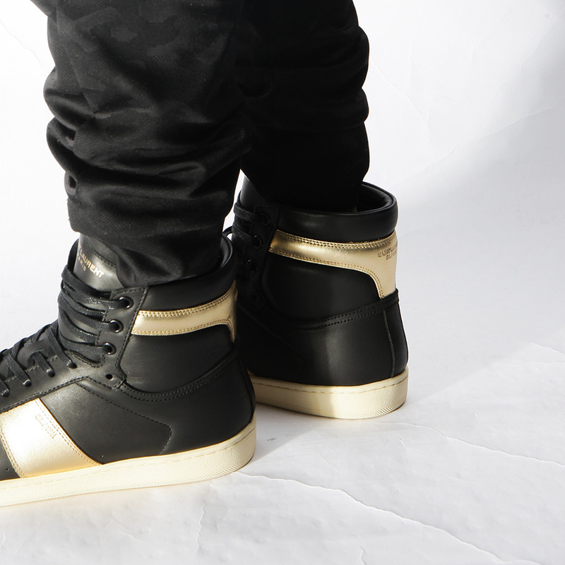 Saint Laurent YSL Signature Court Classic High Top In Black Leather And Gold Metallic Leather Men Sneaker