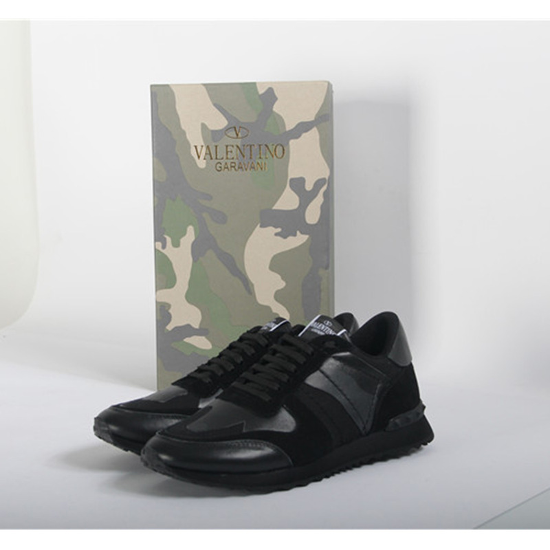 Valentino Rockrunner Leather Camo-Print Trainer Black Sneaker