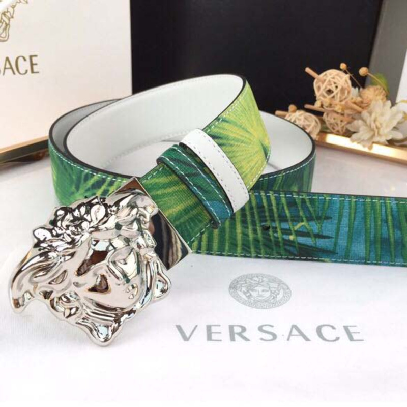 Versace Head Leather Green Belt With Silver Buckle